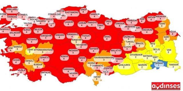 Türkiye'de 58 il Çok tehlikeli Kırmızı katagoride